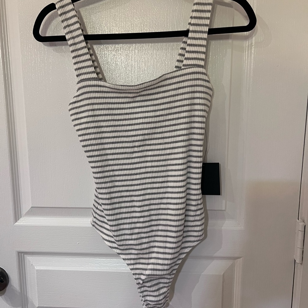 Lulu's Gray and White Striped Bodysuit NWT